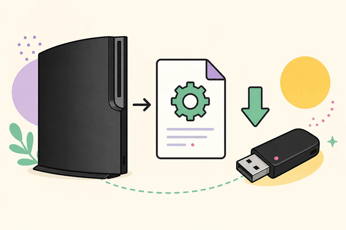 Illustration of a PS3-style console, firmware document, download arrow, and USB drive