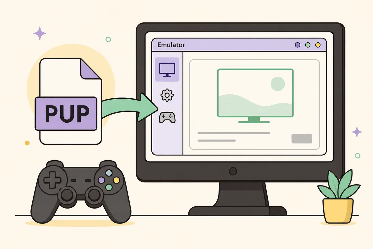 Illustration of a PUP firmware document being imported into a desktop emulator